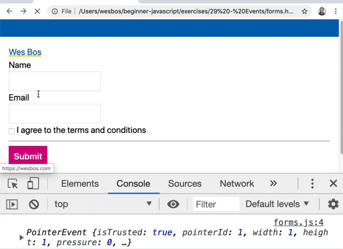 browser console showing pointerEvent