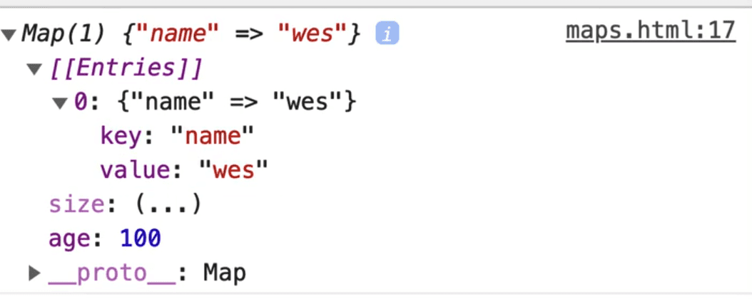 browser console output showing myMap Map instance with manually added attribute age