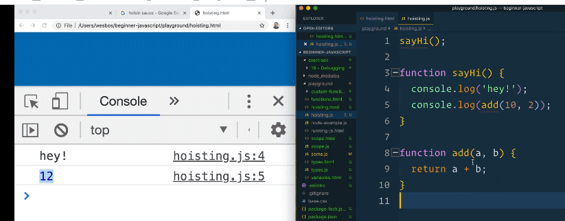 screenshot of console showing logs (hey! and 12) and editor showing code