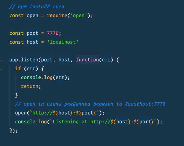 🔥 Use the npm `open` package to open the your default browser to localhost when starting up an express server
