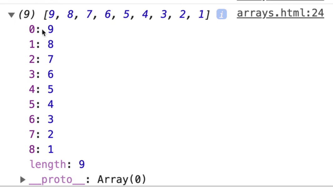 browser console output showing numbersBackwards array in reversed order using .reverse() method