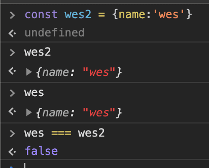 browser console showing false boolean result of two objects comparison