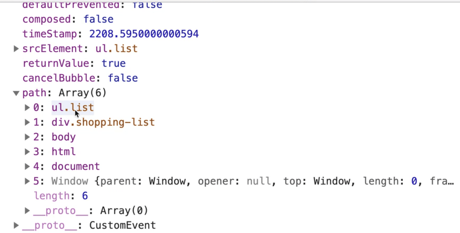 shopping list with elements in console
