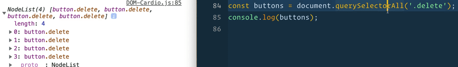 browser console showing logged output from running .querySelector on delete buttons