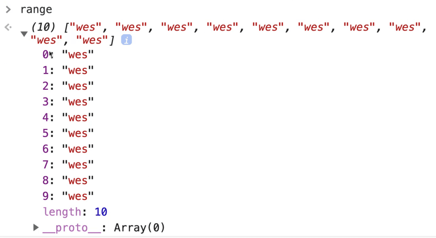 browser console showing range array filled with 10 string elements