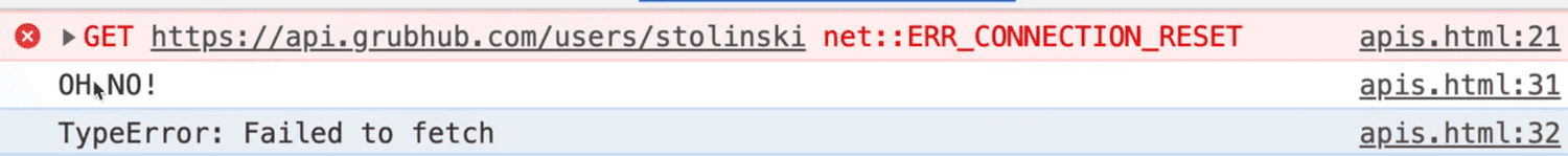 browser console showing error output from api response