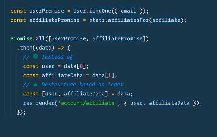 🔥 Use ES6 destructuring to pull Promise.all() data into their own variables.
