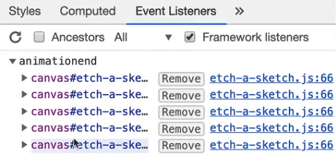 dev tools showing animationend events attached to canvas element