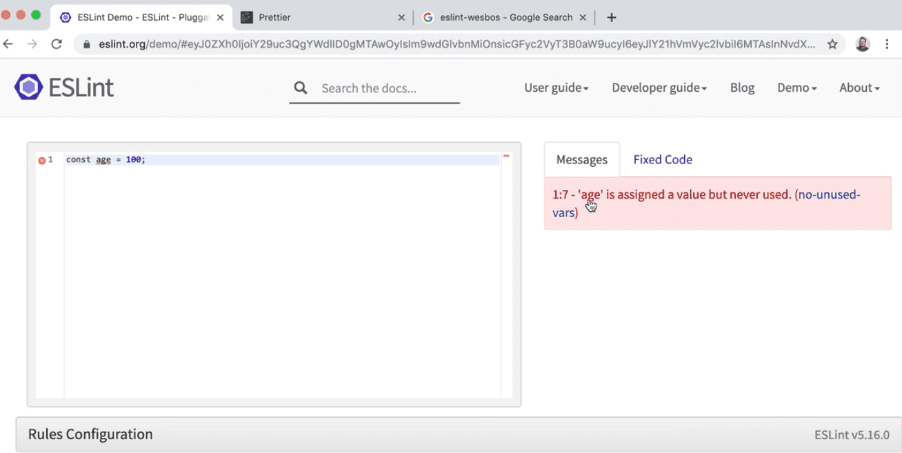 eslint demo page showing the message "age is assigned a value but never used"
