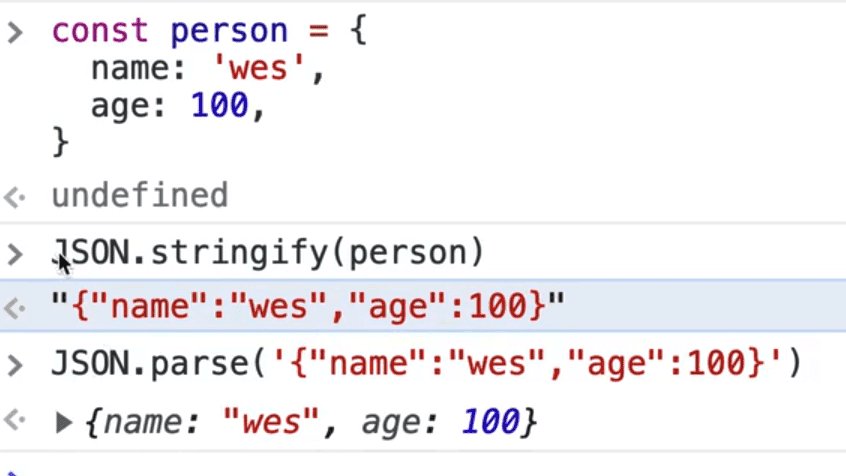 browser console output showing json object turned to string using JSON.stringify() method