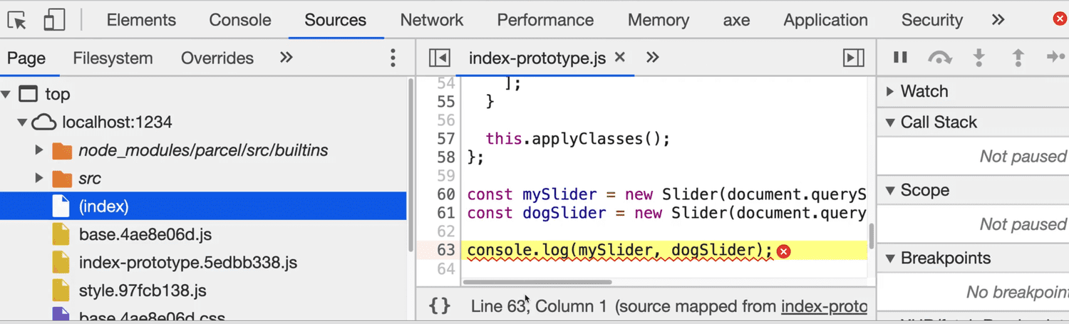 console log in the sources tab of browser