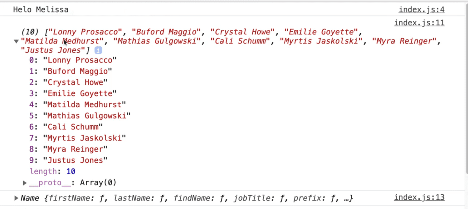 generating an array of firstName and lastName with faker and logging on console