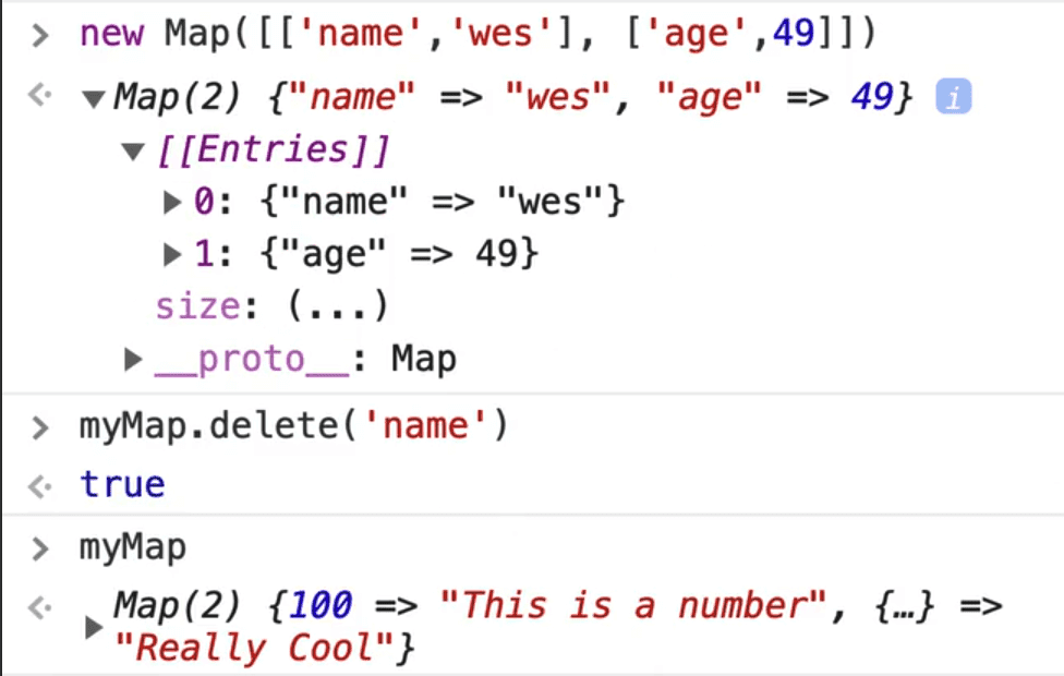 browser console output showing map entry deletion using .delete method