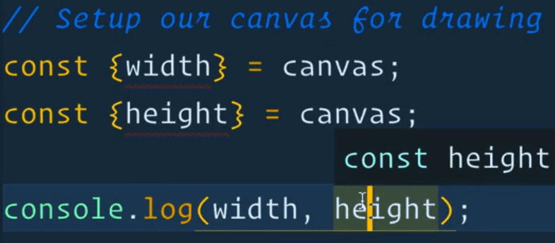 Editor showing canvas height and width declarations using object destructing