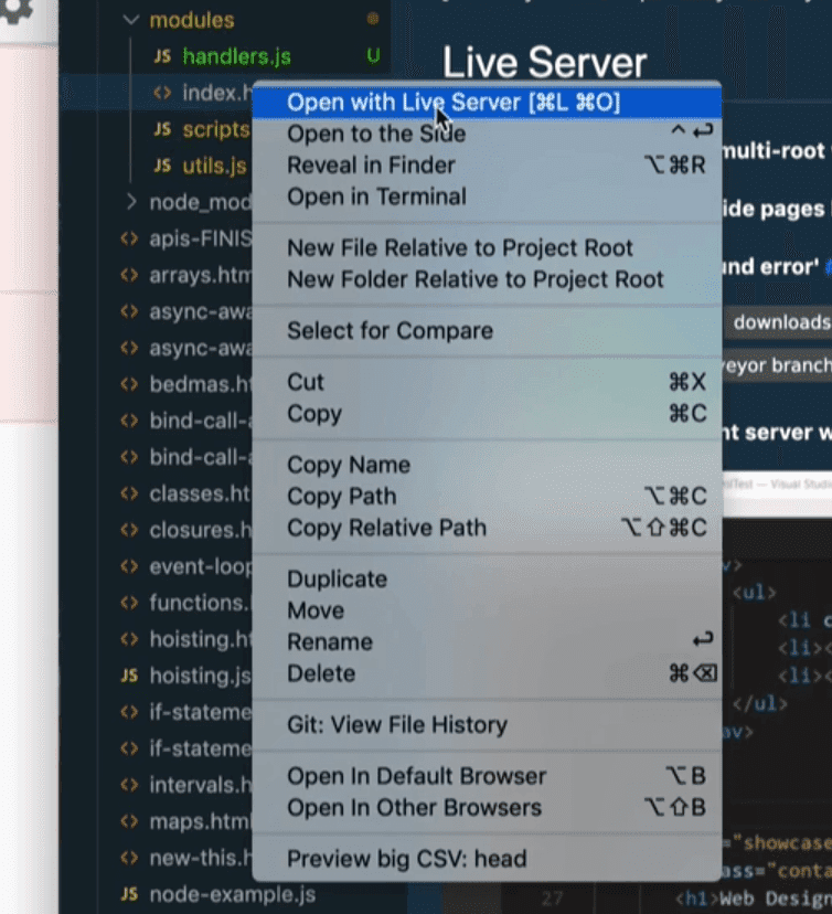 open with live server in context menu