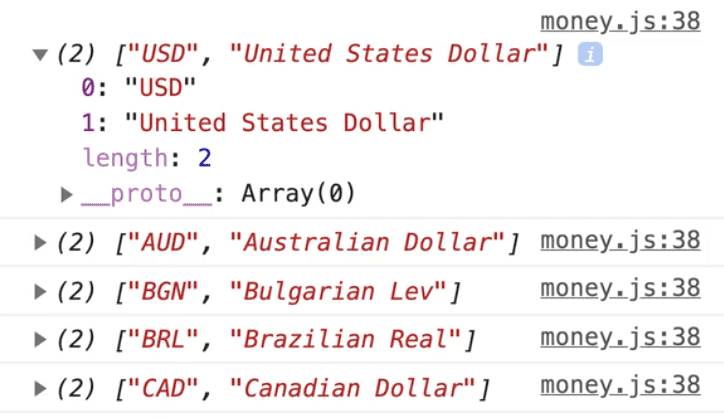 browser console showing nested currency array output