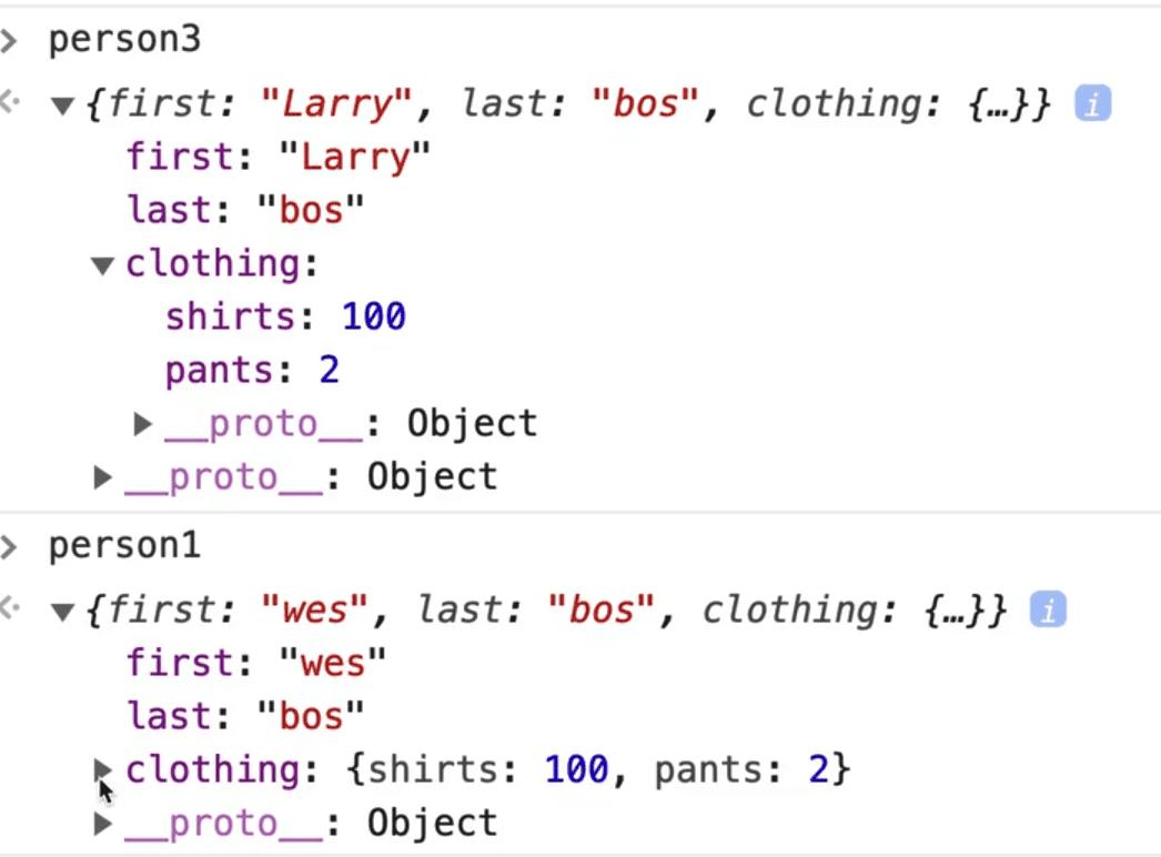 browser console output showing objects person3 and person1  clothing.shirts attribute both updated to 100