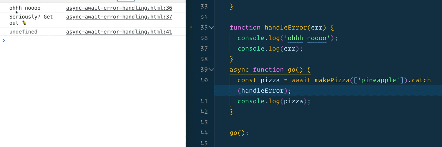 attaching catch block to the end of makePizza function