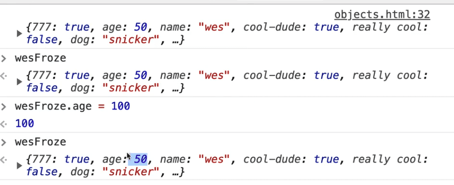browser console output showing unmutated age attribute when invoking Object.freeze()