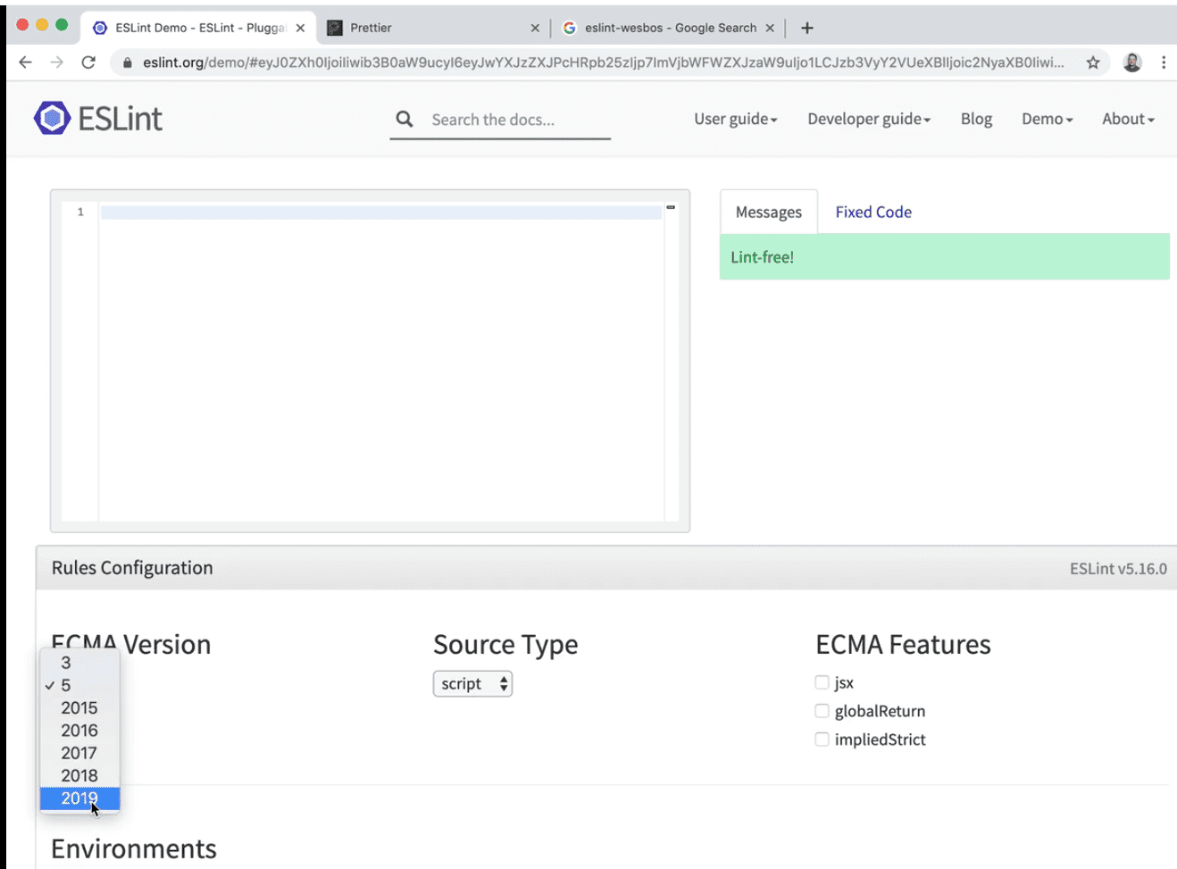 eslint demo page with rule selector showing the list of available eslint rules such as 2015, 2016 and 2018