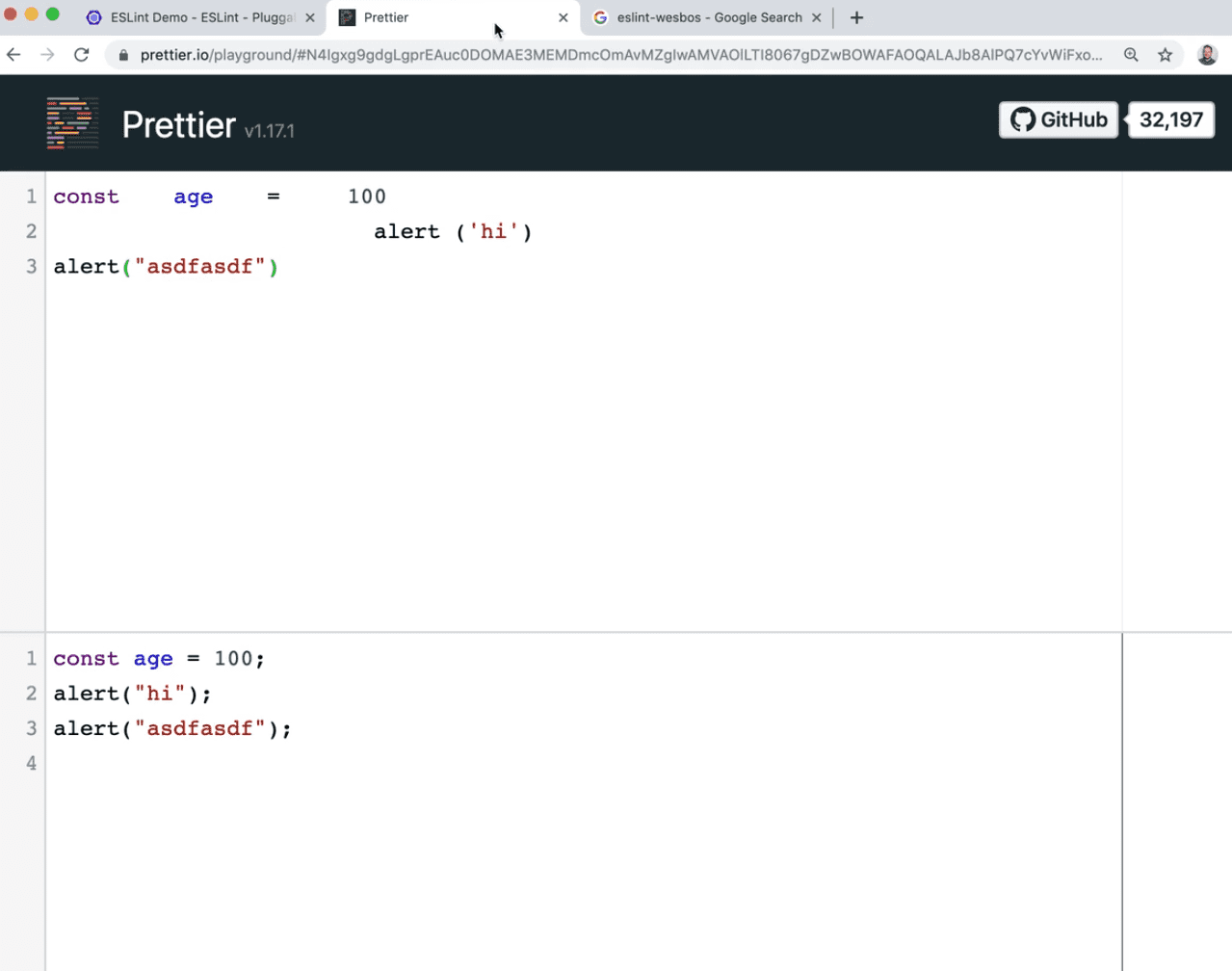 prettier playground showing the output code that was formatted