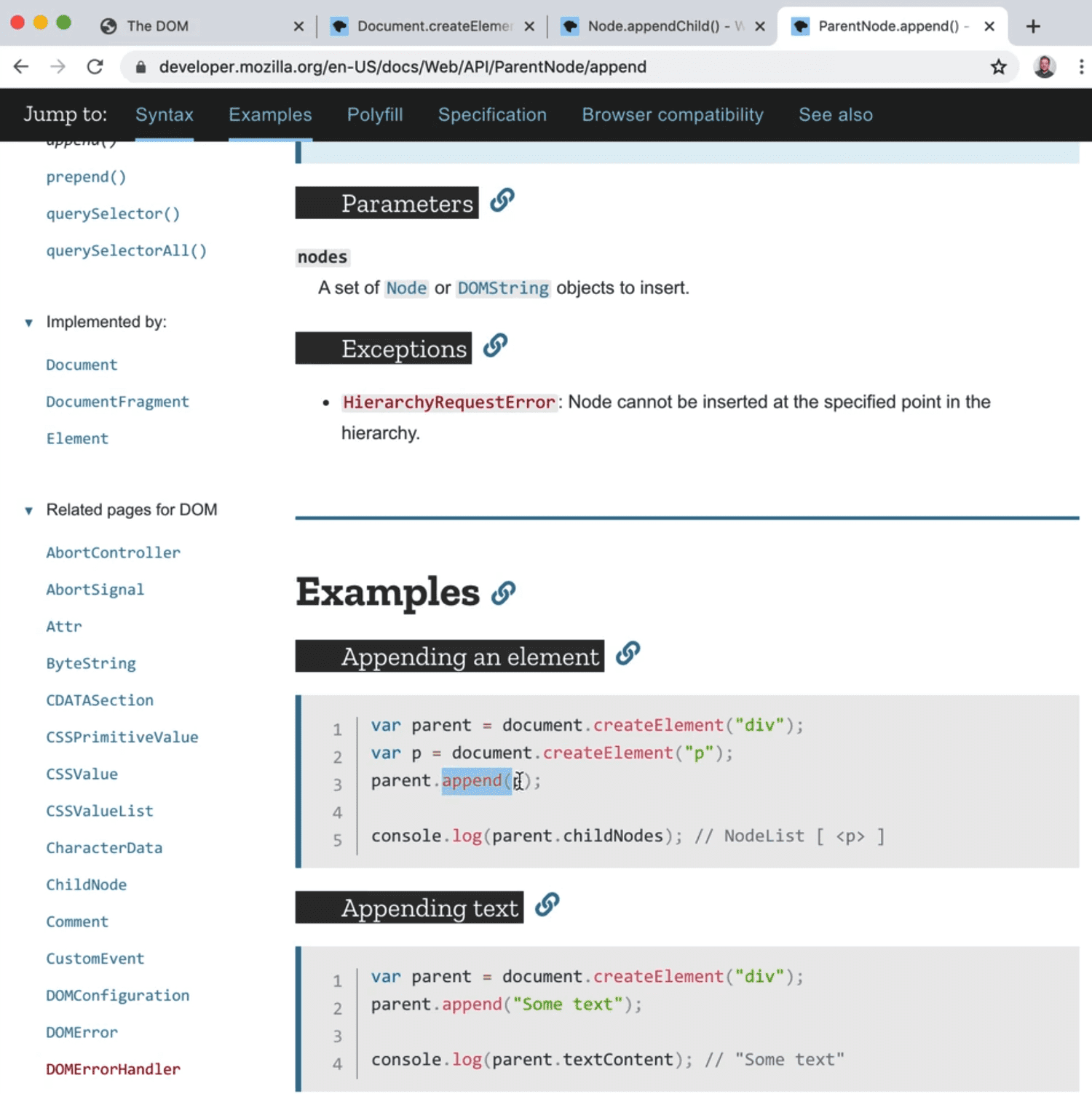 The .append method MDN web docs page