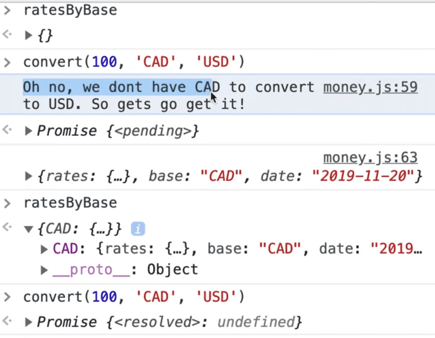browser console showing output from ratesByBase