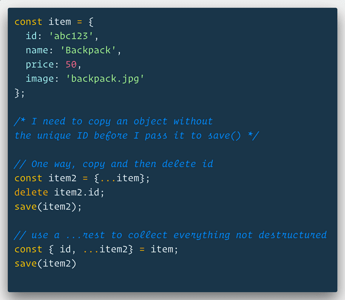 🔥 Making a copy of an object and need everything but a property? Use JavaScript destructuring to pull that prop out and then use a ...rest to collect the rest!
