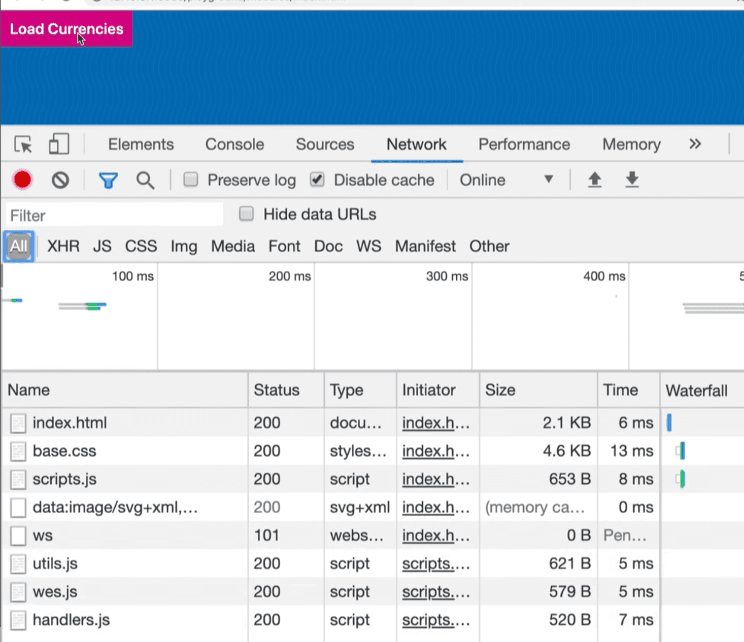 all filter in the network tab