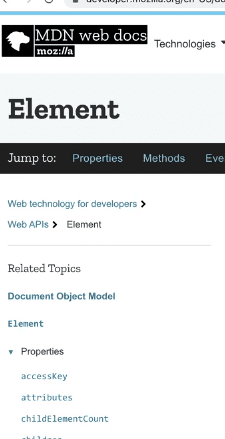 mdn website screenshot showing Element information page