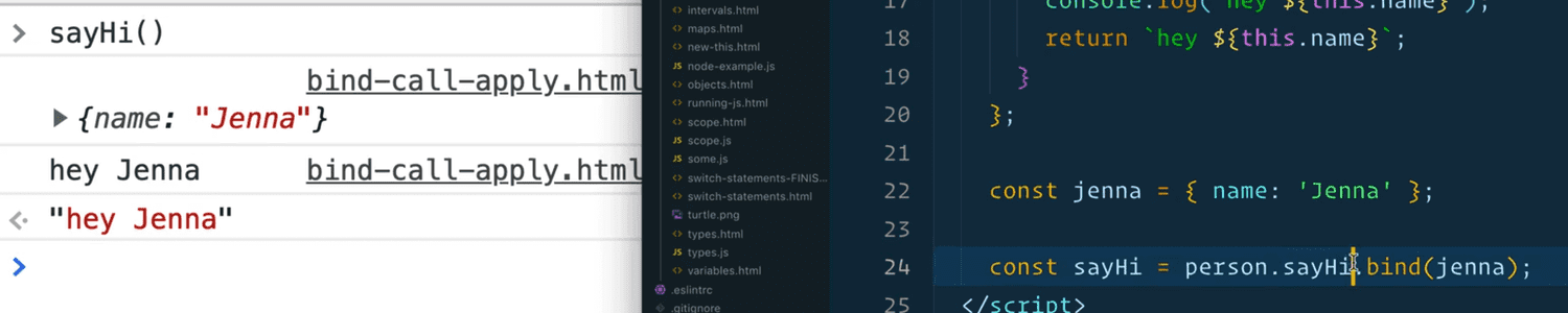 binding sayHi function to jenna object