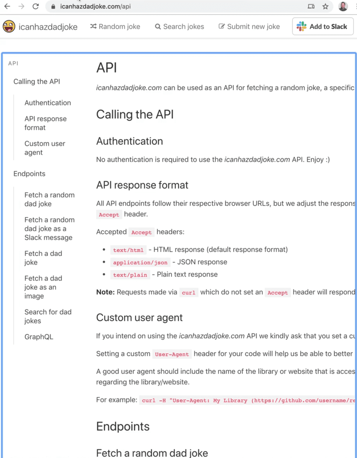 api docs for icanhazdadjoke.com