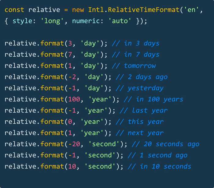 🔥 Use Intl.RelativeTimeFormat() to get nicely formatted relative time strings.
