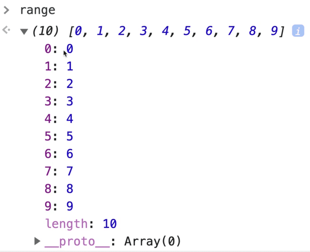 browser console showing range array filled with 10 int elements