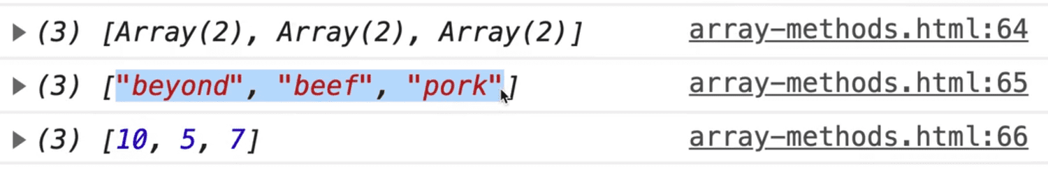browser console showing meats array key entries using Object.keys() method