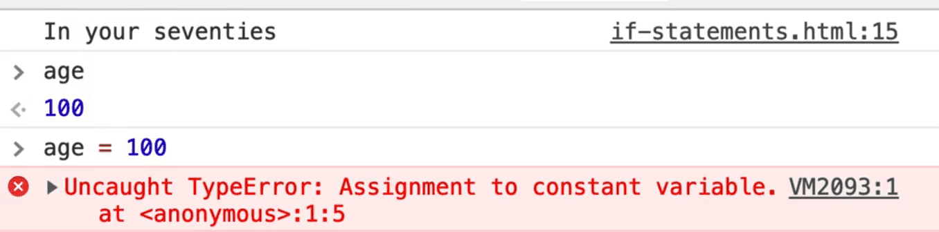 browser console showing error: Uncaught TypeError: Assignment to constant variable.