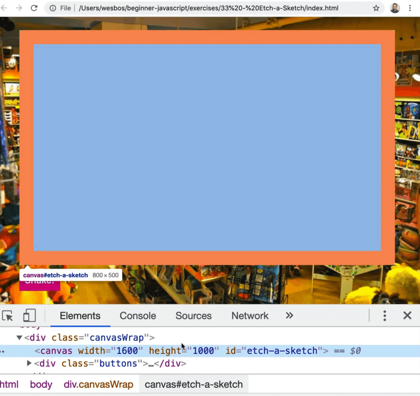 inspecting a canvas element in dev tools