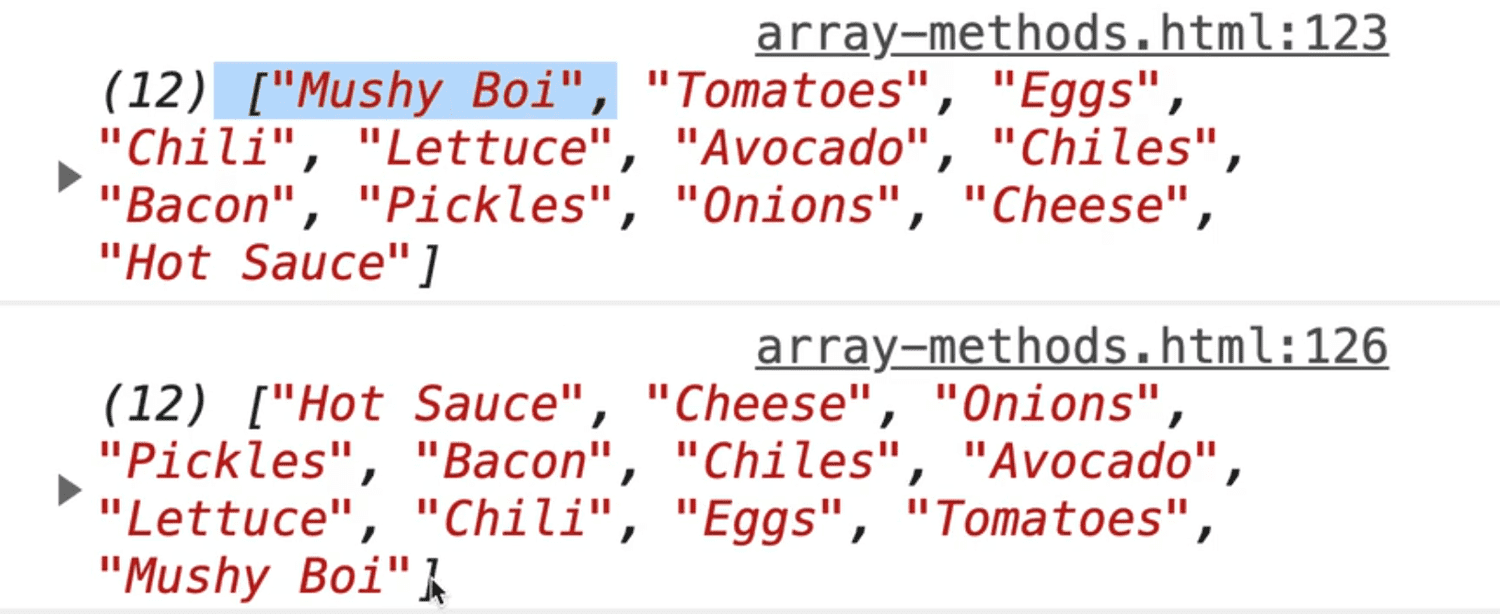 browser console showing toppings array in reverse via reverse() method