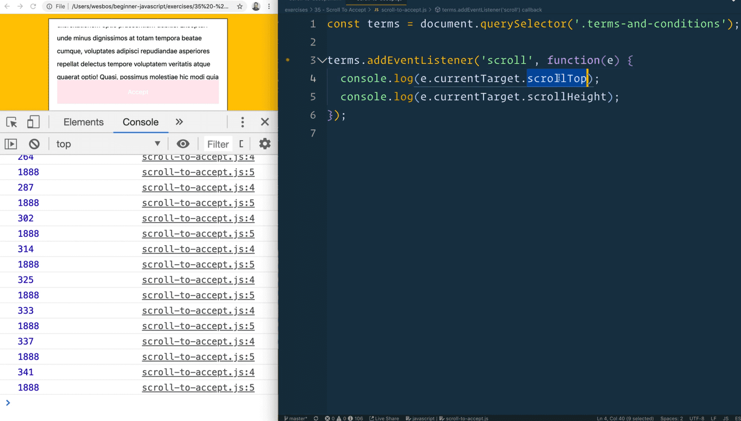 screenshot with console showing logs from scroll handler and editor showing code