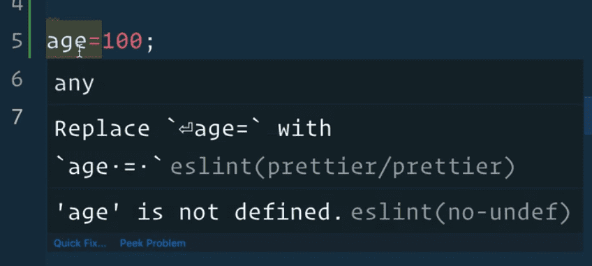 vs code showing the eslint rule error as a red squiggle under the code