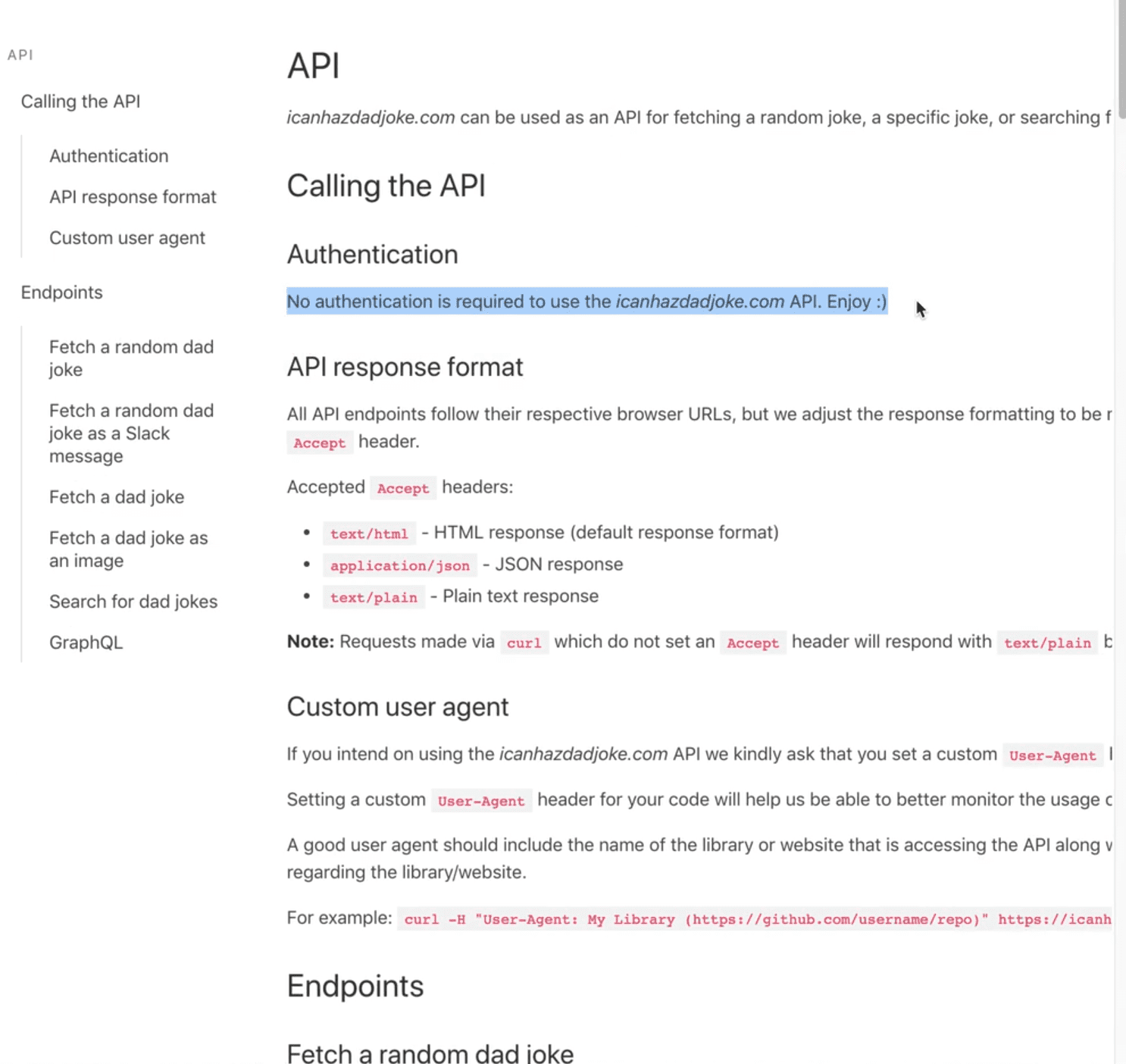 api docs showing that no authentication is required for the api