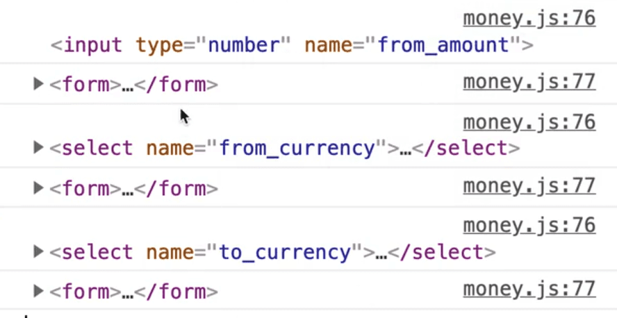 browser console output showing results from event