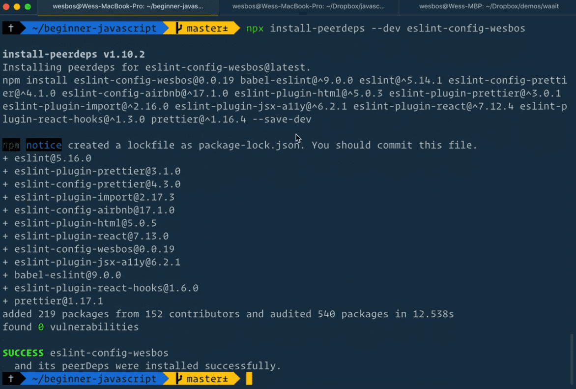 terminal output after running the npx command to install the eslint-config-wesbos pacakge